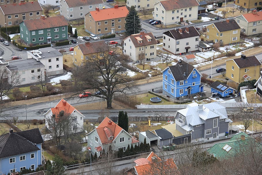 city, from above, overview, cars, house, huskvarna, building exterior HD wallpaper