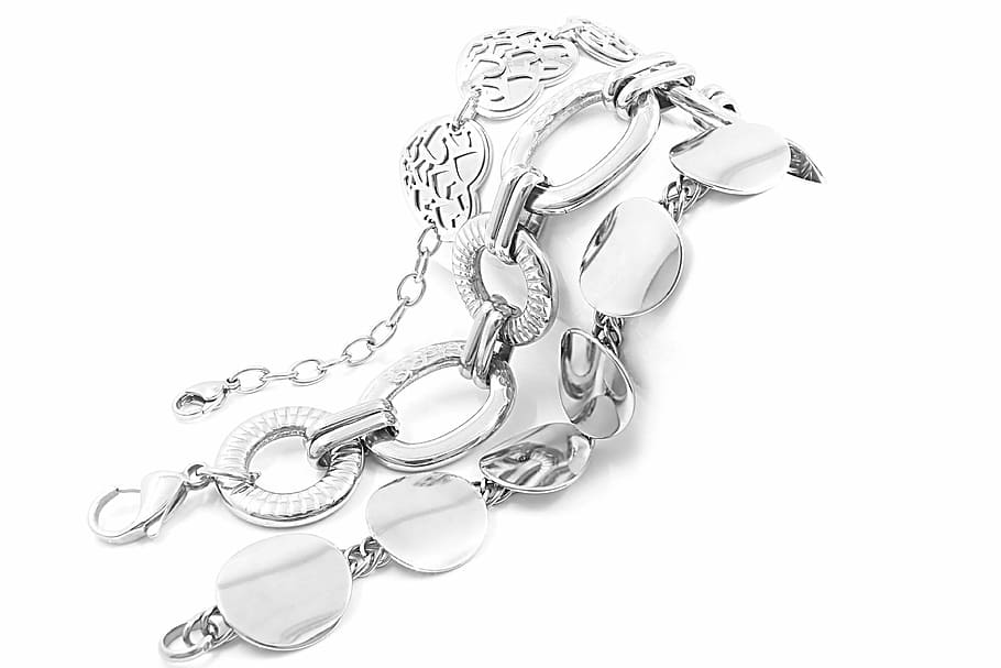several silver-colored bracelets, stainless, background, white HD wallpaper
