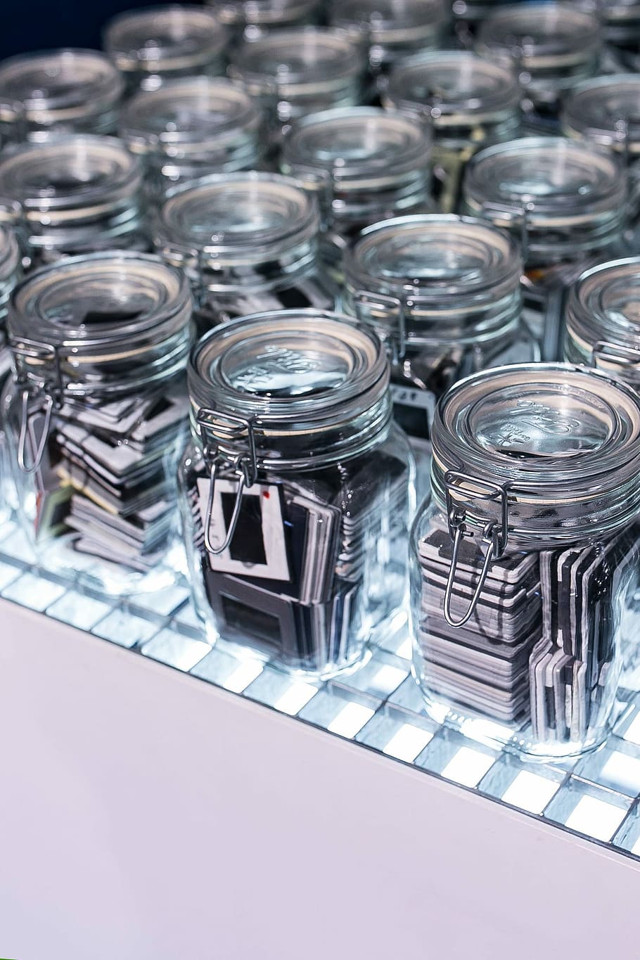 Collection of glass jars with miscellaneous items, pot, transparent HD wallpaper