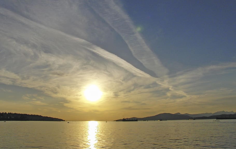 water, dawn, sunset, landscape, nature, vancouver, summer, chemtrails