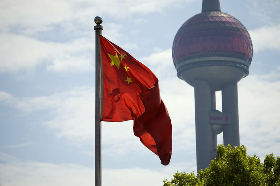 Flag of China near tower, shanghai, patriotism, red, sky, cloud - sky HD wallpaper