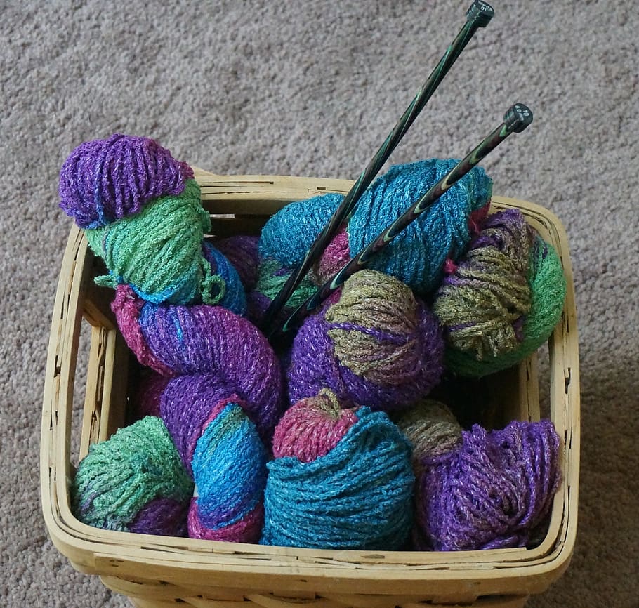 knitting basket, yarn, variegated, wool, knitting needles, colorful, HD wallpaper