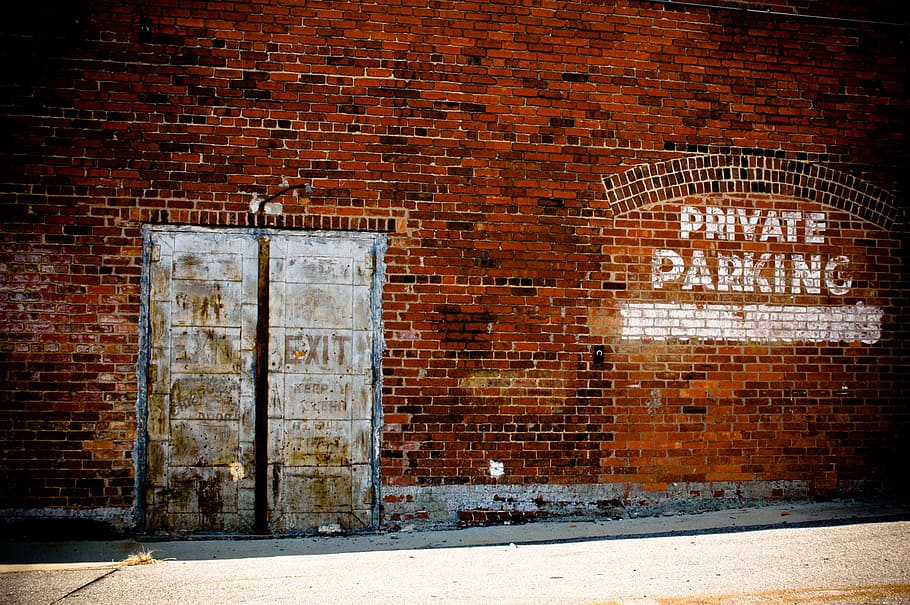 closed gray exit door, brickworks, bricks, wall, red, urban HD wallpaper