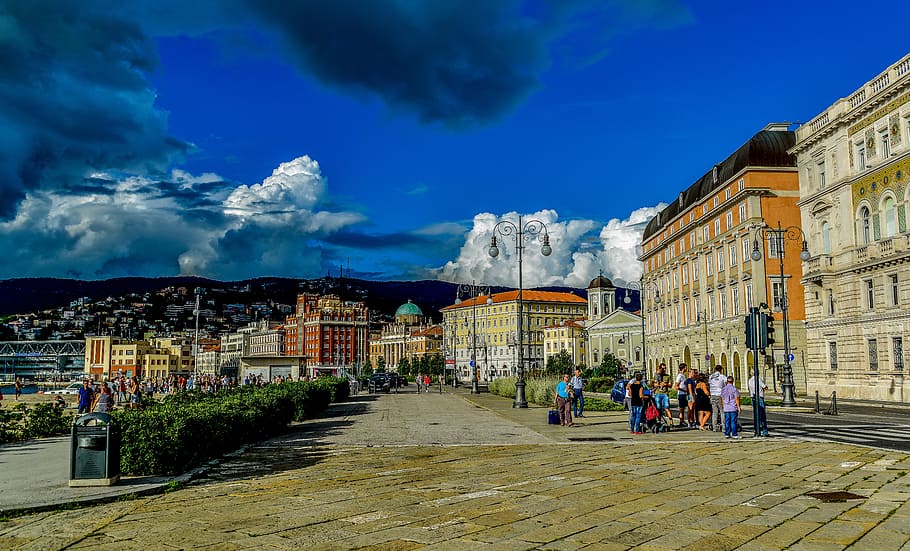 Trieste, Marina, Palaces, Walk, Italy, landscape, clouds, architecture HD wallpaper