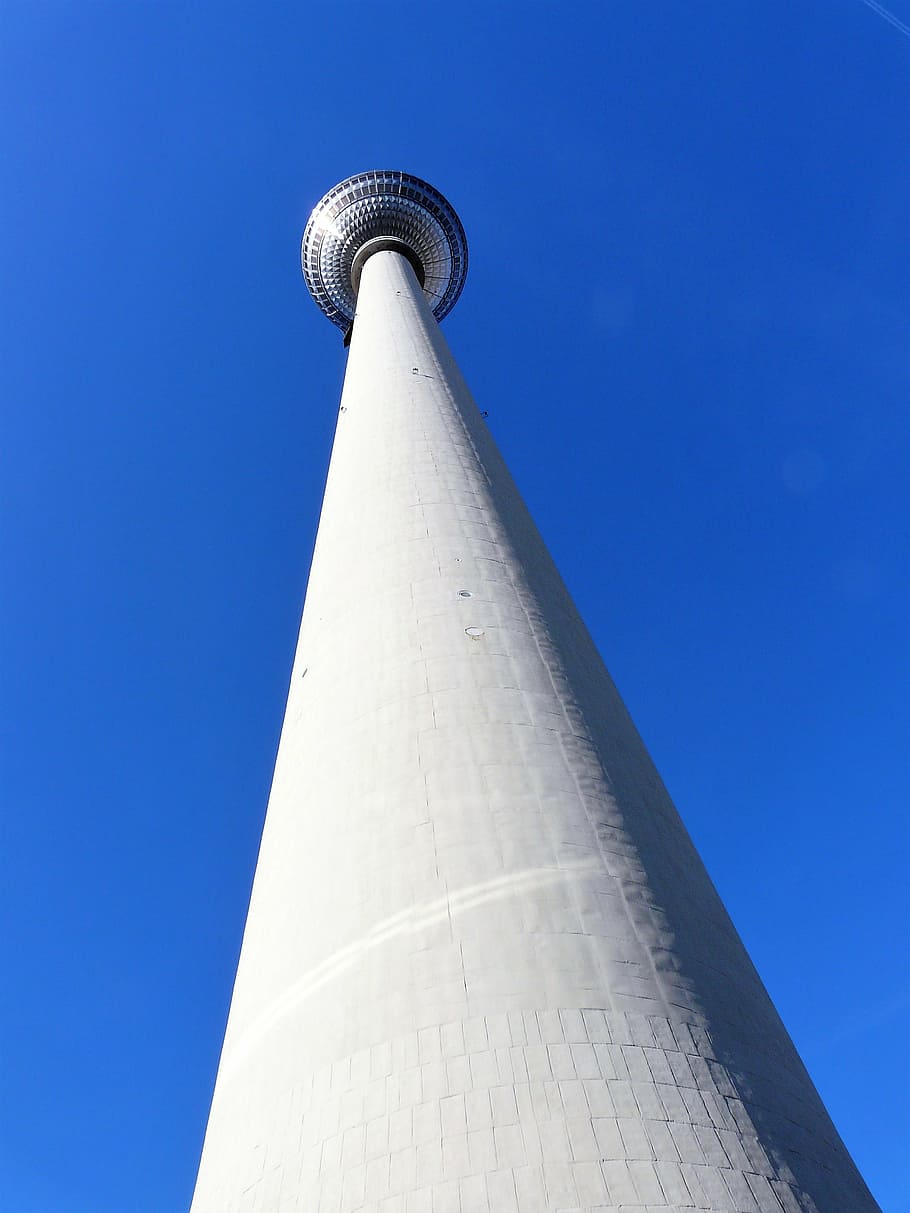 architecture, perspective, tower, tv tower, blue sky, city HD wallpaper