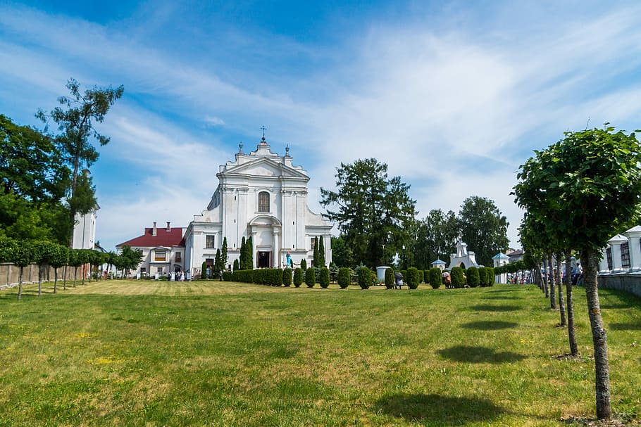 green lawn, church, blue, white, grass, sky, clouds, architecture HD wallpaper