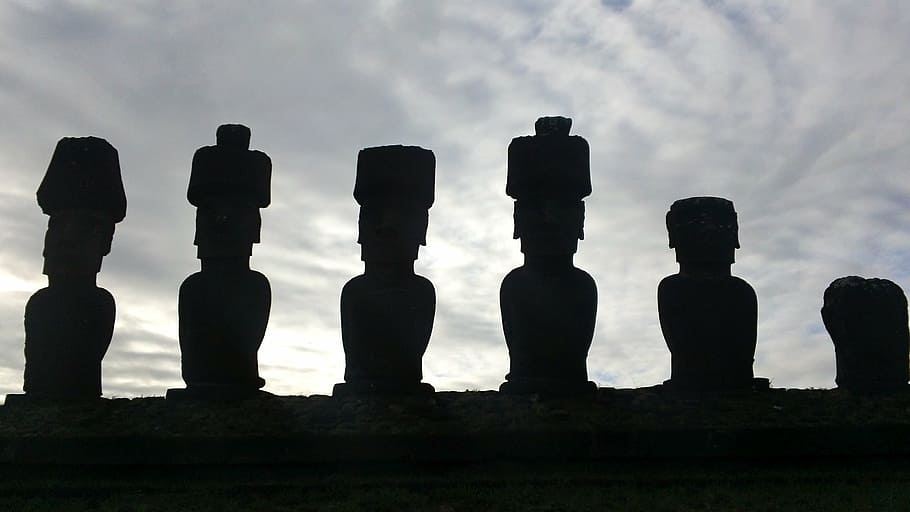 silhouette of six statues, moai, easter island, rock, sculpture HD wallpaper
