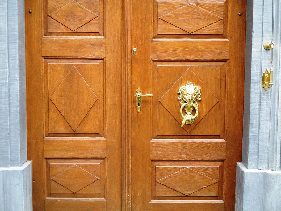 house entrance, wood, pattern, art, golden metal fittings, frame