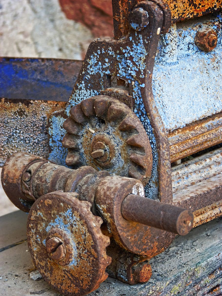 machine, gears, rusty, old, peeling paint, machinery, concepts HD wallpaper