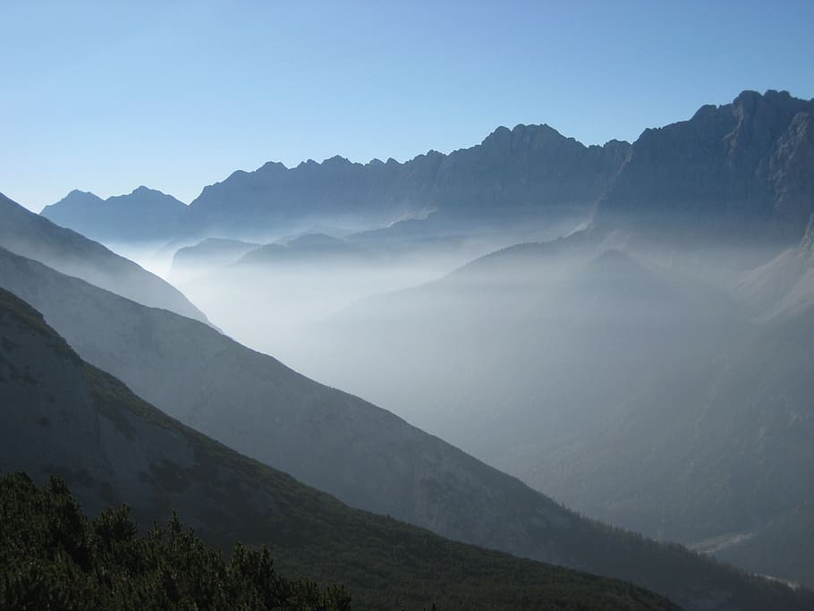 mountains, fog, back light, scenics - nature, beauty in nature HD wallpaper
