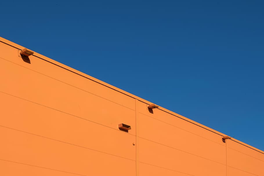 architectural photography of orange concrete structure, building, orange, blue, sky, facade HD wallpaper