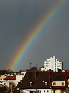 rainbow, weather phenomenon, sky, city, homes, rainbow colors HD wallpaper