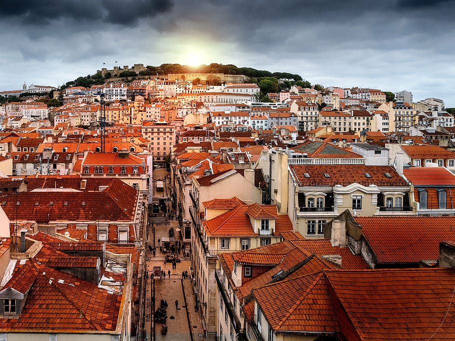building structure bird's eye view, lisbon, retouch, sunset HD wallpaper