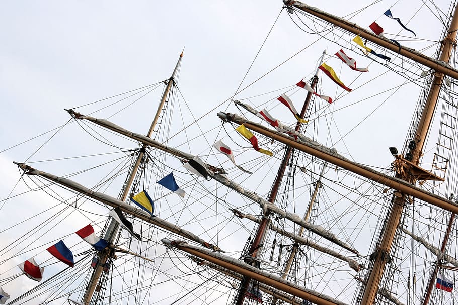 mast, the sky is gray, flags, nautical vessel, pole, low angle view HD wallpaper