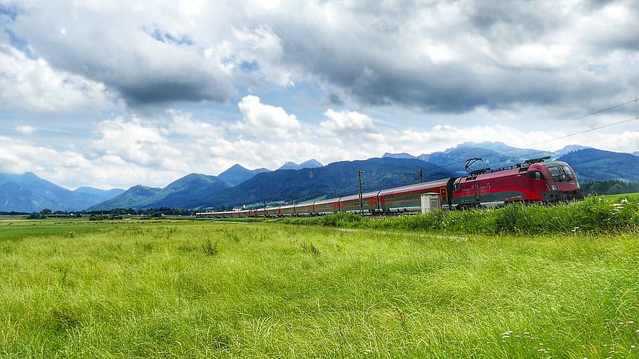 panorama, nature, grass, landscape, sky, train, railway, travel HD wallpaper