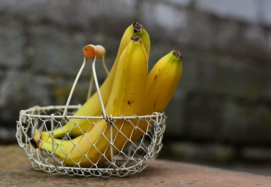 three ripe bananas on basket, fruit, fruit basket, yellow, healthy HD wallpaper