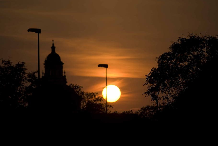 sunset, seville, background image, sky, yellow, backlight, silhouette HD wallpaper