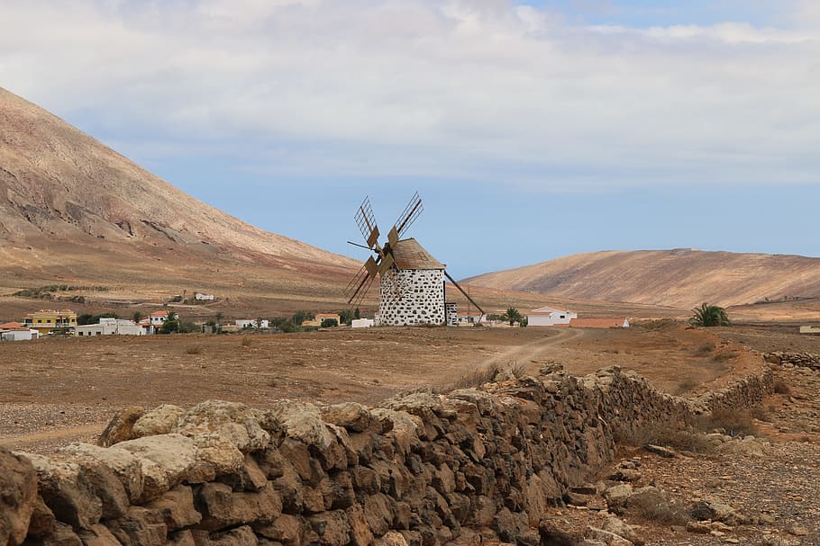Windmills, Canary Islands, Fuerteventura, day, outdoors, no people, HD wallpaper