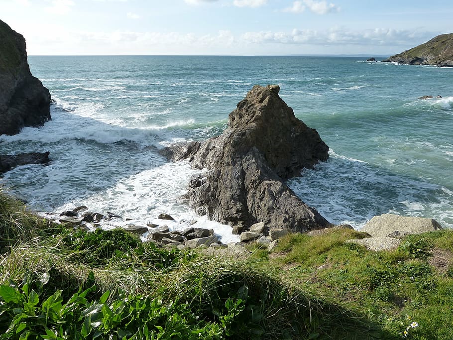 rocks, coastline, cornwall, sea, wave, shore, high tide, low tide HD wallpaper