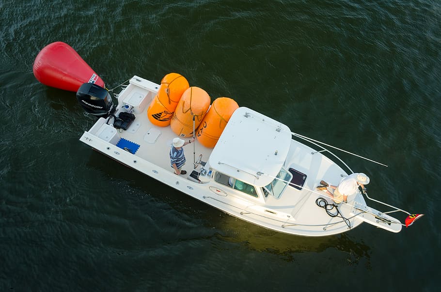 top view photo of white yacht on body of water, aerial photography of white motor boat on body of water HD wallpaper