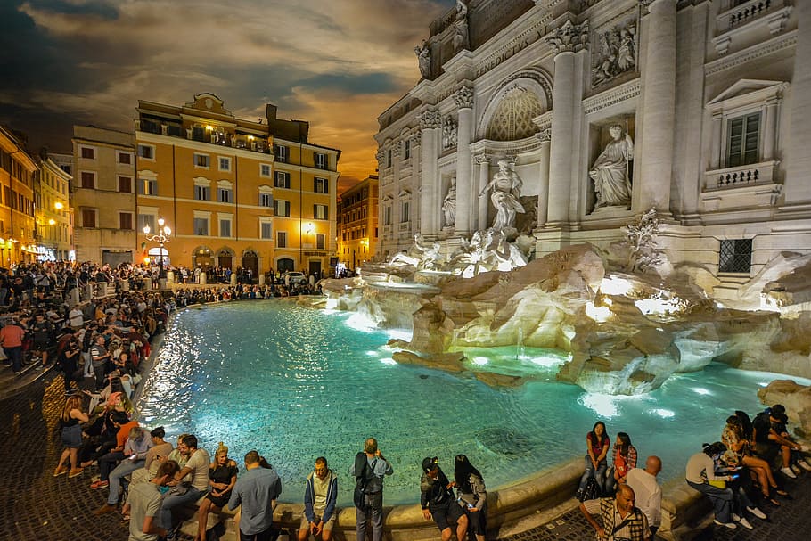 people sitting near water fountain, rome, trevi, evening, crowds HD wallpaper