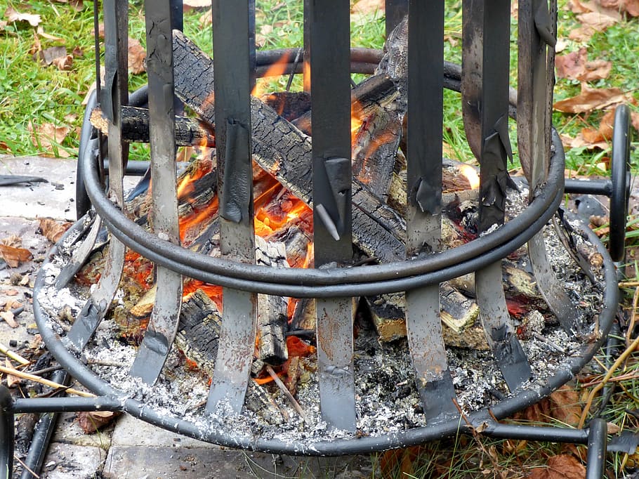 firepit, flames, brand, glow, hot, heat, wrought iron, basket HD wallpaper
