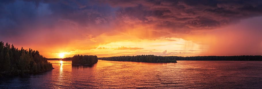 panoramic photography of body of water during sunset, backlit HD wallpaper