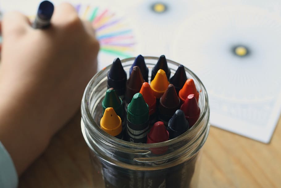 assorted-color crayons, coloring book, children, adult coloring book HD wallpaper