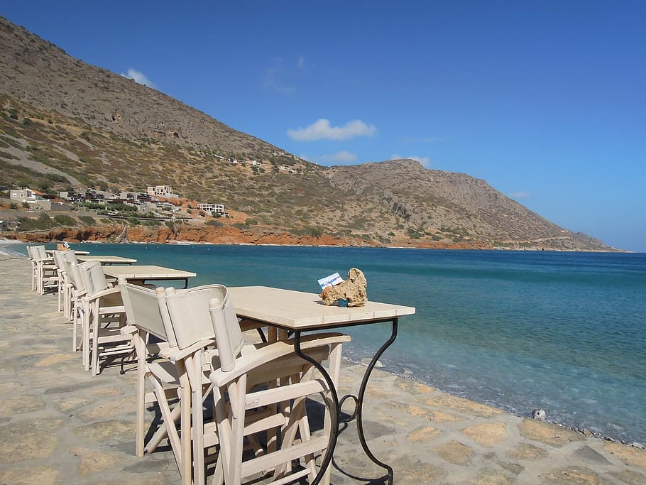 crete, table, ch, greece, mediterranean, chair, water, travel HD wallpaper