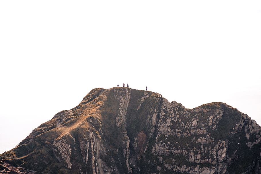 people in the cliff during daytime, four people on peak of mountain under clear sky, HD wallpaper