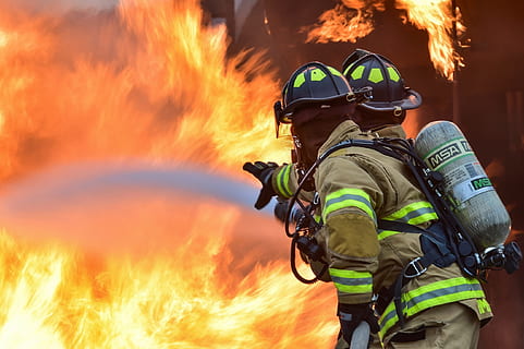two fire fighter near at orange flame, firefighters, training HD wallpaper