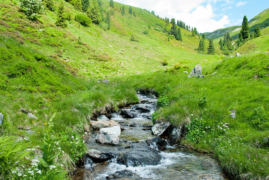 running water between green grass, mountains, hiking, bach, nature, HD wallpaper