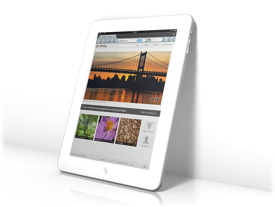 white iPad showing golden gate bridge, tablet, screen, internet