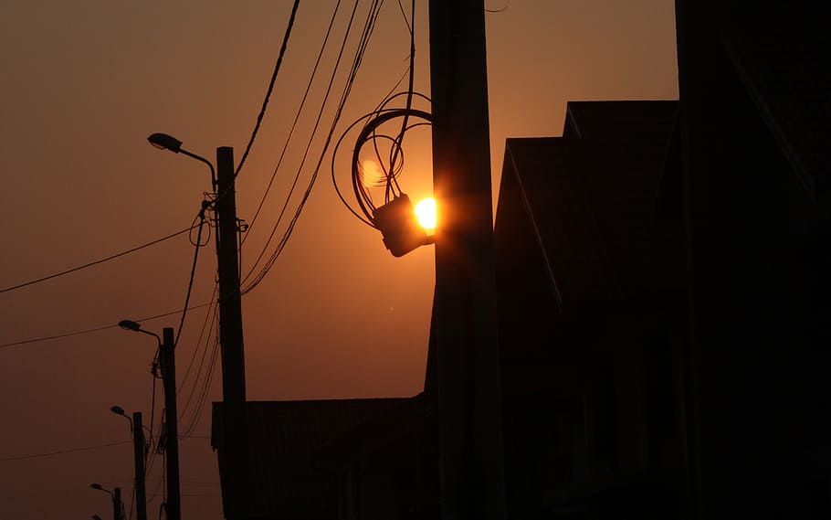 sunset, orange, sky, silhouette, wire, dark, sun sunset, light HD wallpaper