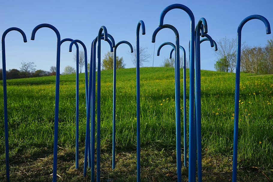 walking sticks, blue, art, artwork, metal, grass, no people HD wallpaper
