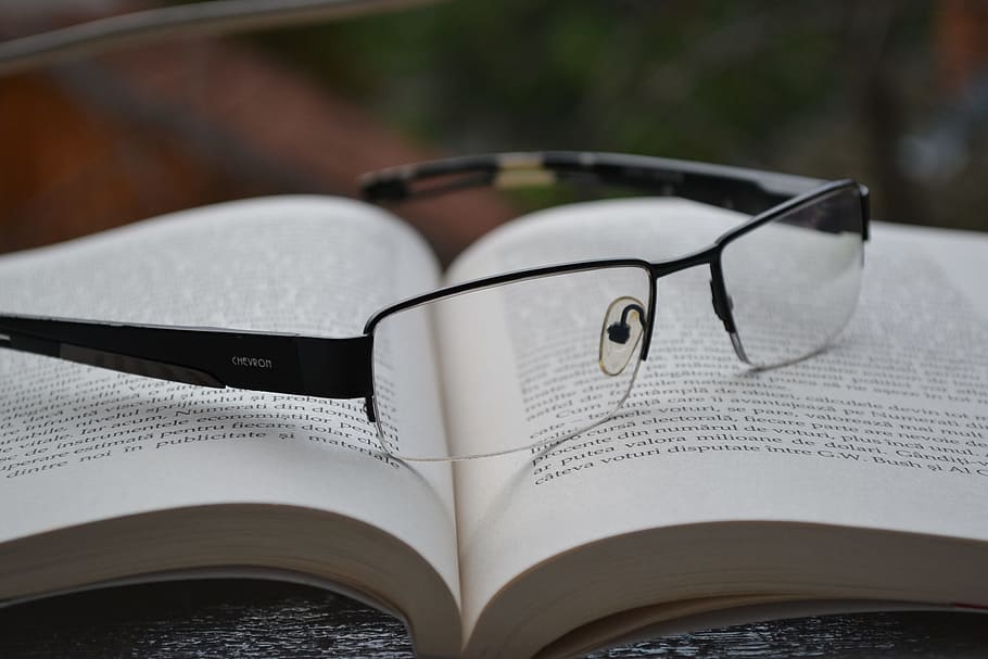 black framed temple eyeglasses on a open boook, book, knowledge HD wallpaper