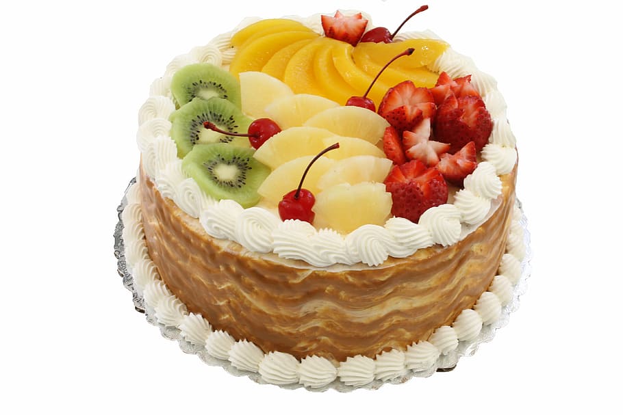 round cake on white background, fruit, dessert, bakery, birthday HD wallpaper
