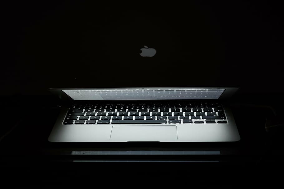 gray laptop computer turned on, macbook, apple, notebook, business, HD wallpaper