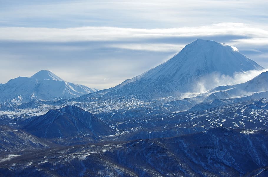 volcanoes, mountains, winter, forest, snow, landscape, nature, HD wallpaper