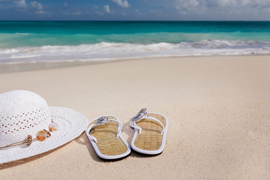 pair of brown flip flops beside white sunhat, accessories, beach, HD wallpaper
