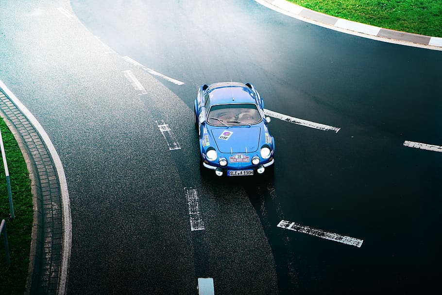 blue coupe on black road, blue vehicle on road, car, drive, bend HD wallpaper