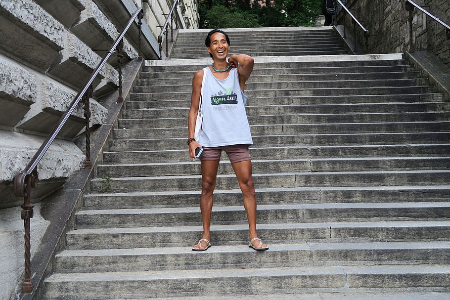 smile, laugh, stairs, architecture, one person, steps and staircases HD wallpaper