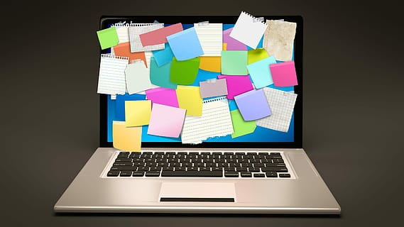 silver MacBook Pro with sticky notes, laptop, computer, stickies HD wallpaper