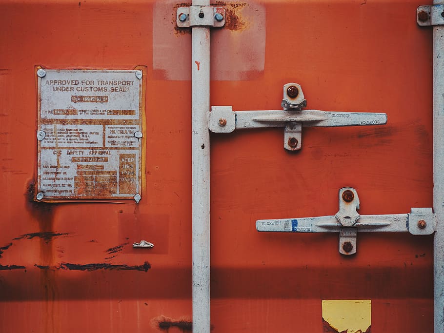 orange and gray metal container with locks, untitled, shipping container HD wallpaper
