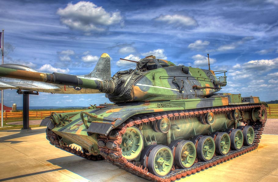 green, black, and orange battle tank beside fighter plane, weapon, HD wallpaper