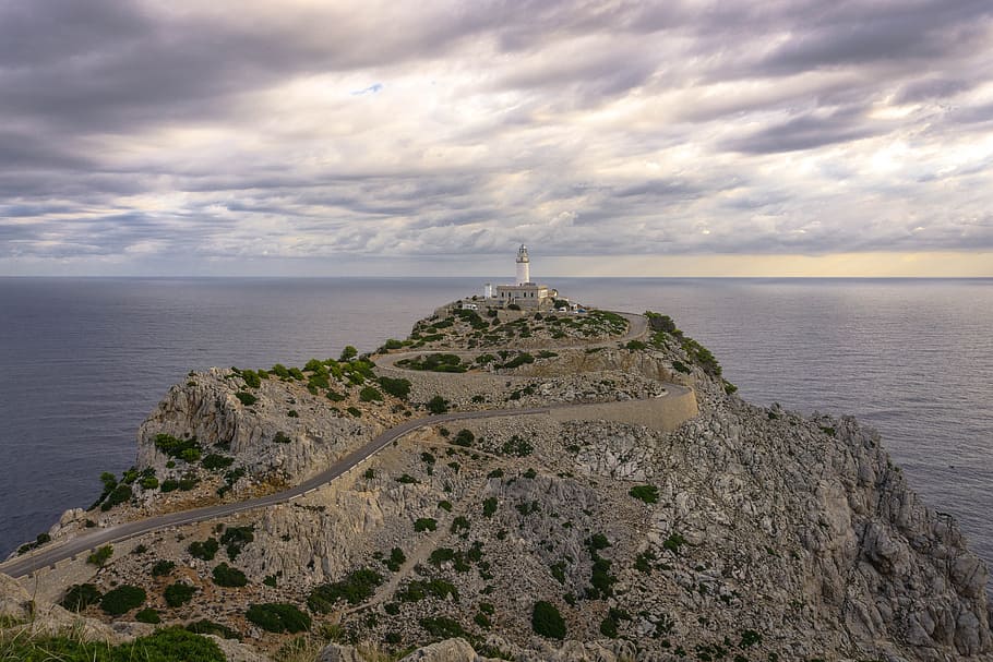 mallorca, lighthouse, sunrise, cap, mediterranean, rock, picturesque, HD wallpaper