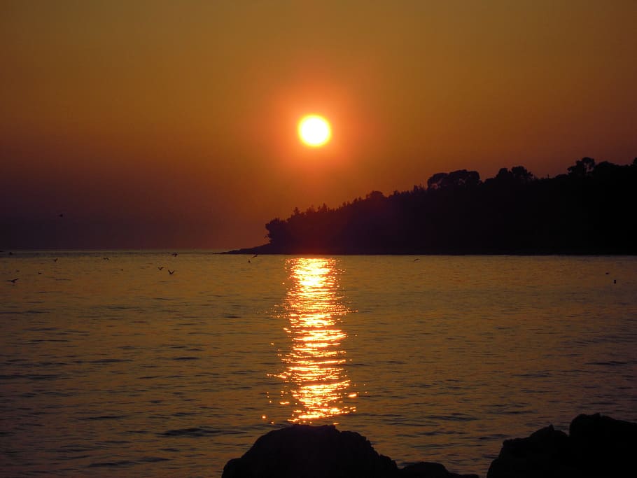 Sunset, Evening, Sea, reflection, scenics, silhouette, water HD wallpaper