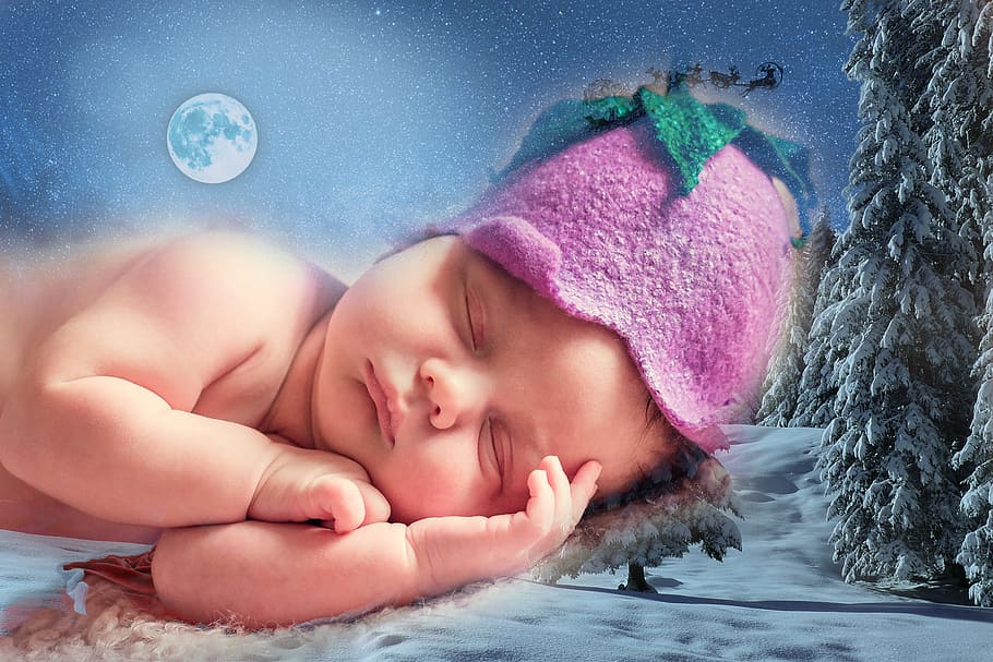 sleeping baby with moon background illustration, dreaming, christmas, HD wallpaper