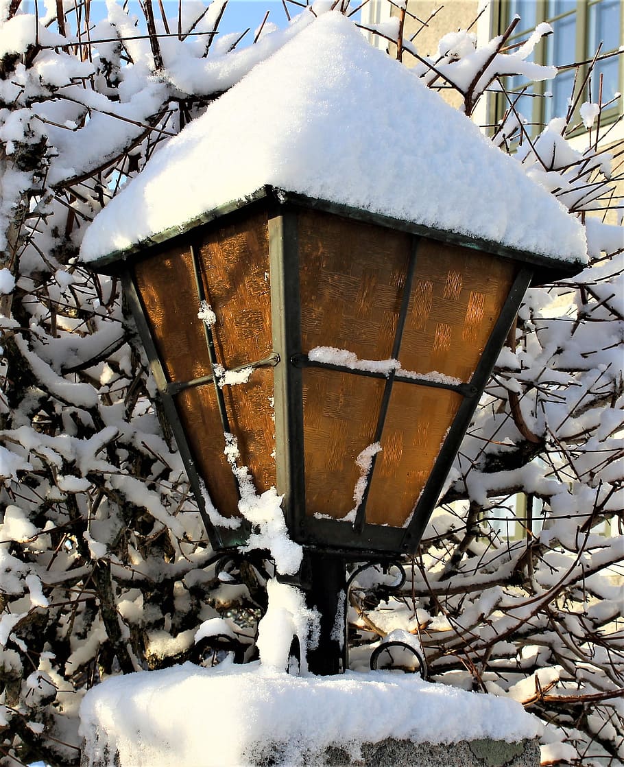 lamp, snow, wood, winter, old, tealight holder, frost, wrought, HD wallpaper
