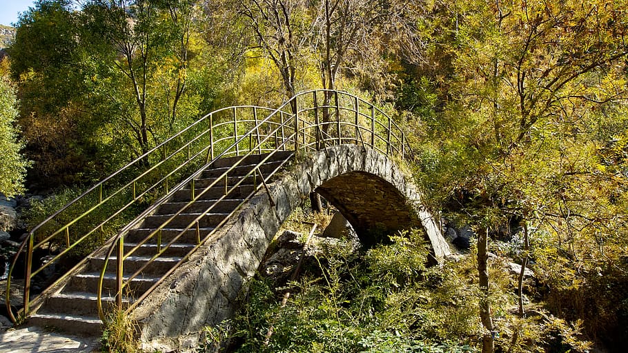 Bridge, Stone, Arch, Round, Metal, Cross, path, crossing, river HD wallpaper